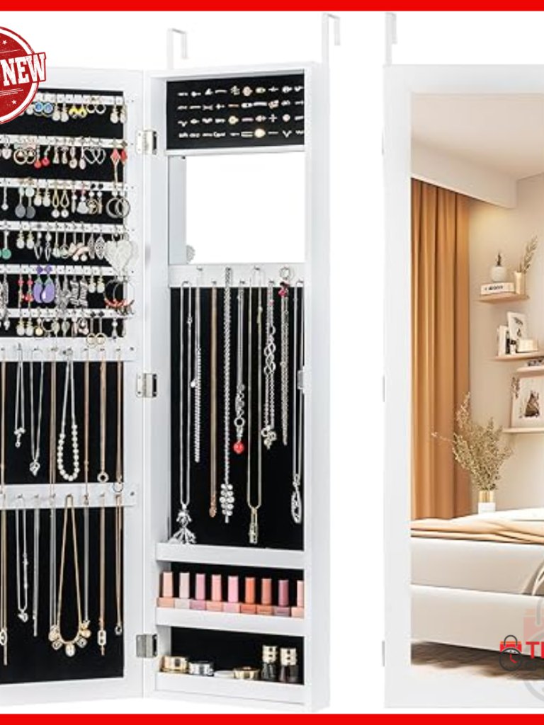 Full Length Mirror Jewelry Cabinet With Makeup Mirror, Large Storage Armoire